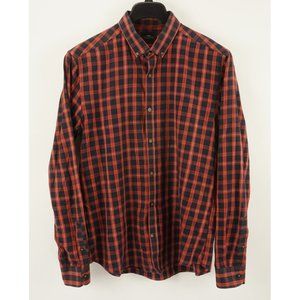 Moss London Men's Large Extra Slim Long Sleeve Red Blue Plaid Button Down Shirt